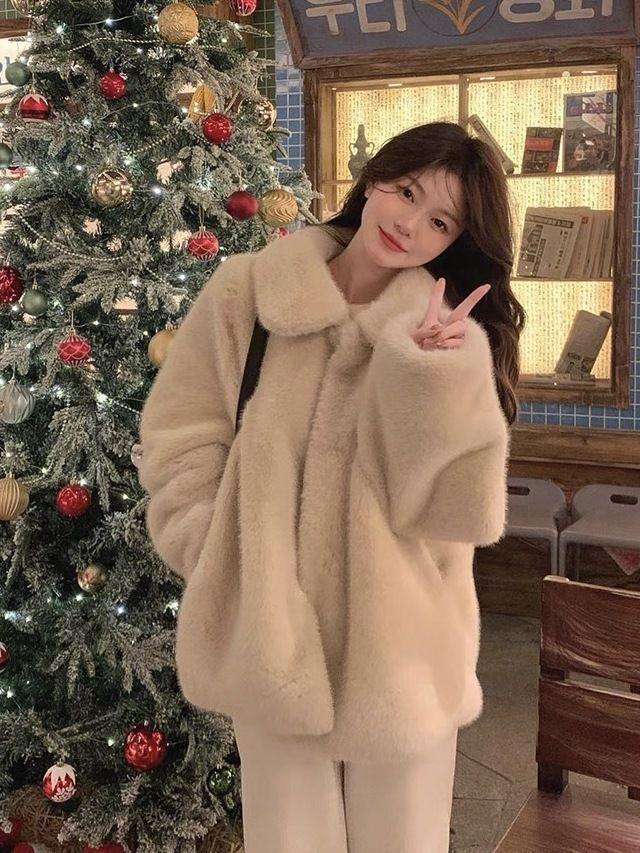 Little white bear imitation fur fur coat imitation mink plush coat female winter gentle lazy loose lapel top tide