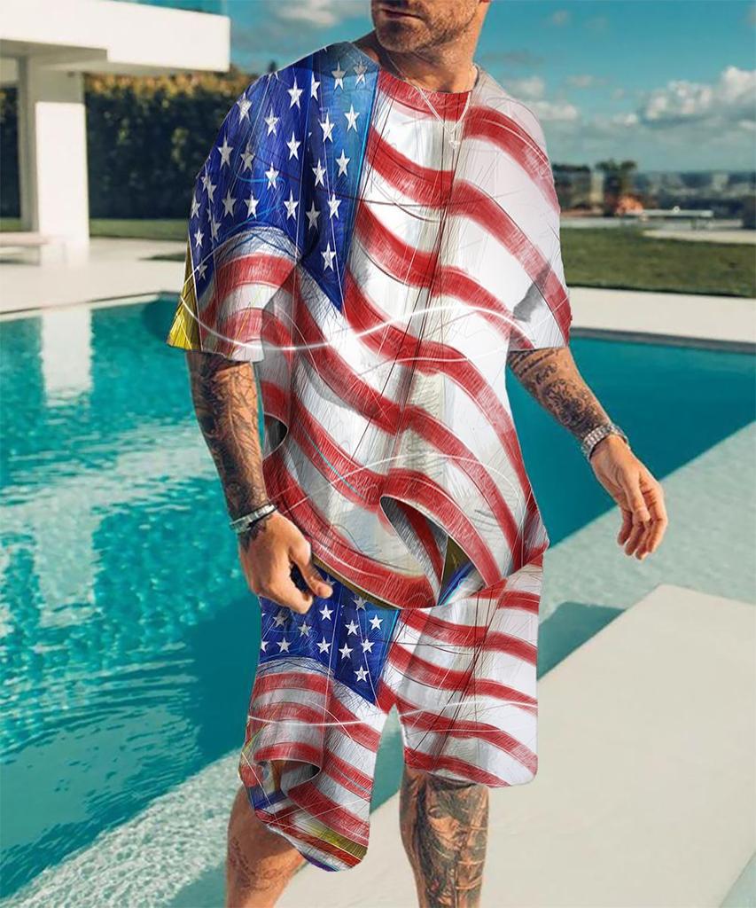 Vintage Style Men's Beach Shorts Set 3D USA Flag Print Short Sleeve T-shirt+Shorts 2 Pcs Set Summer Oversized Tracksuit Suit