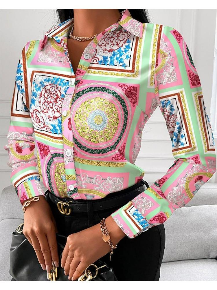 Elegant Blouse Women's Fashion Shirt 2026 Spring/Summer V-Neck Contrast Retro Print Slim Fit Top Office Lady Shirts S-XXXL