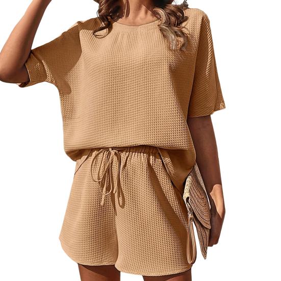 2 ks/sada dámských triček a kraťasů, kulatý výstřih, krátké rukávy, volná jednobarevná, prodyšná, měkká, elastická, v pase, ležérní domácí oblečení, dvoudílný sportovní top