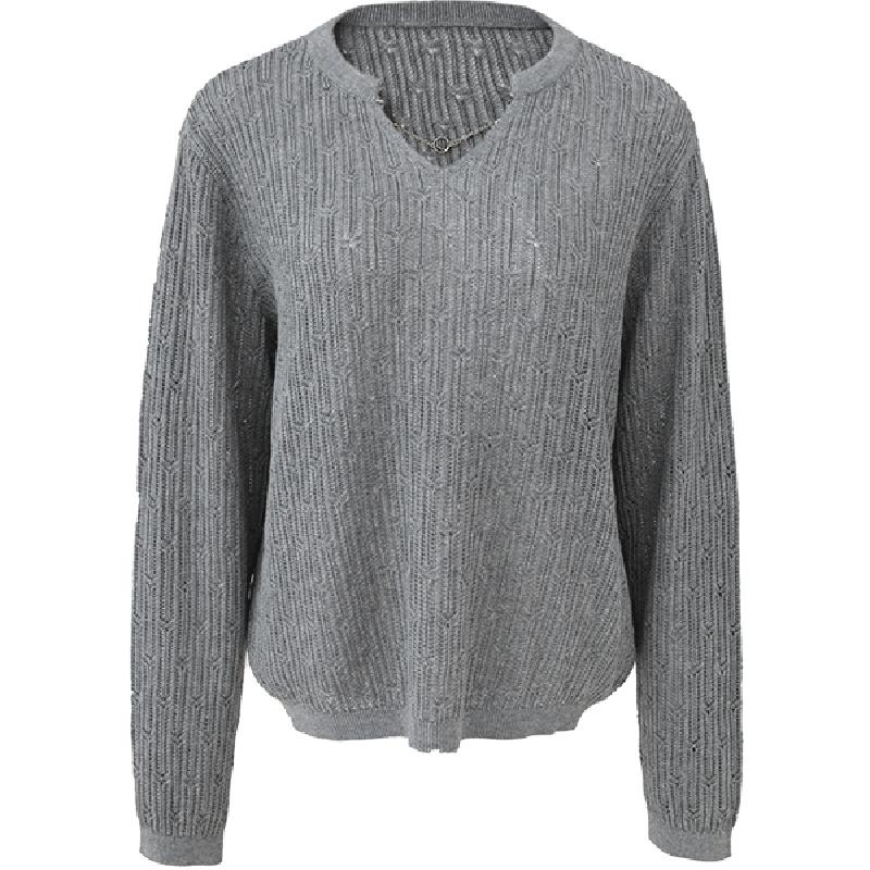 High end hollow V-neck wool knitted sweater for women with loose temperament casual wear