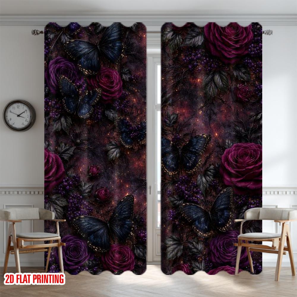 2D Flat Printing 2pcs Curtain Window Treatment Curtains Halloween Dark Butterflies Roses Digital Printed Polyester Drapes All