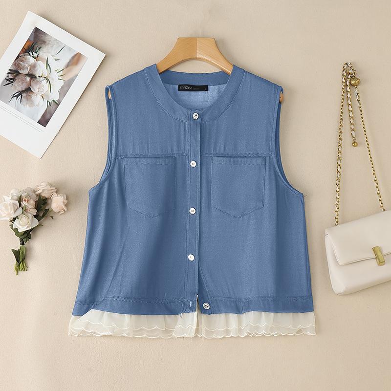 ZANZEA Women Casual Round Neck Summer Sleeveless Lace Patchwork Tank Tops