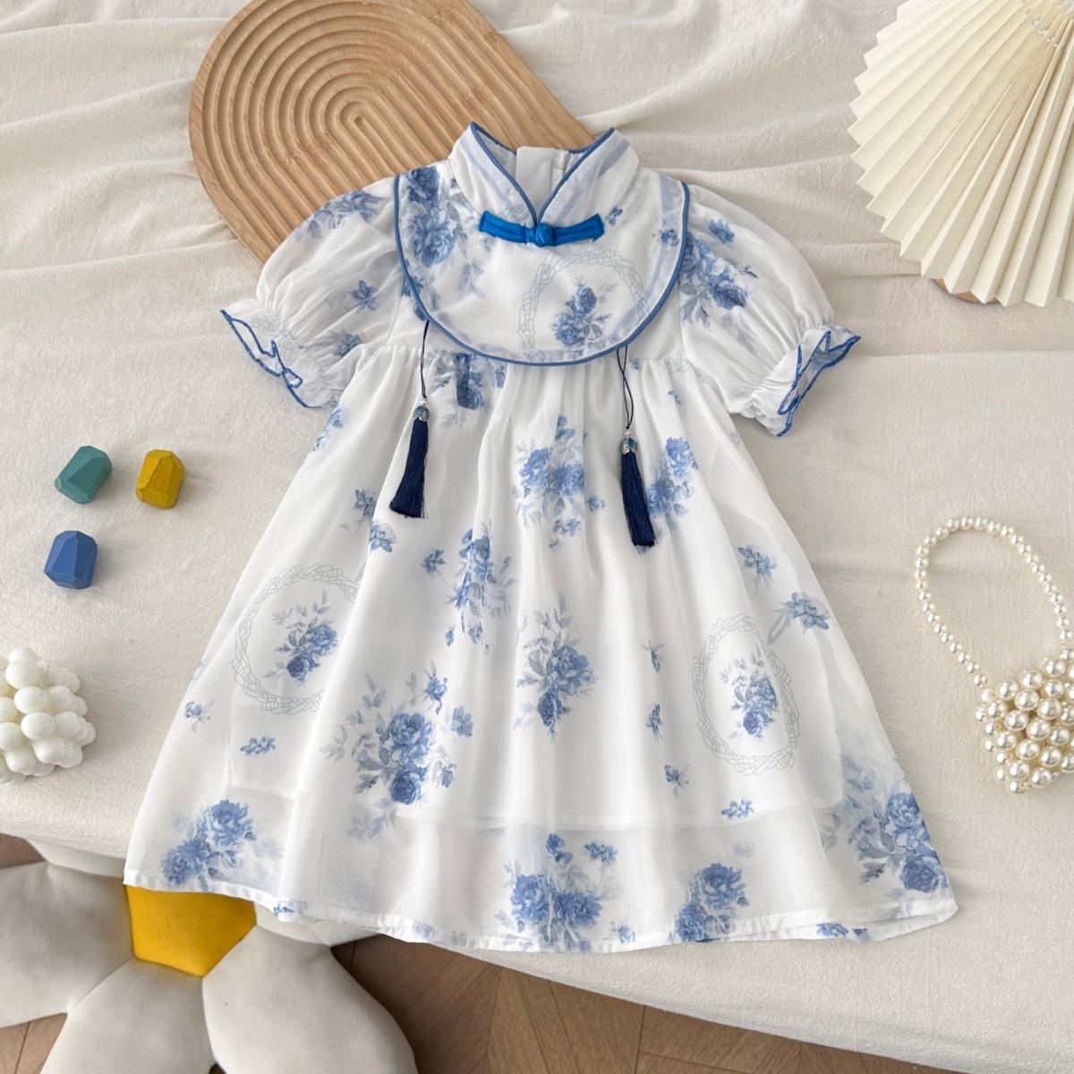 Girls Summer New Chinese Floral Print Qipao Dress Short Sleeve Traditional Hanfu Party Wear 90cm