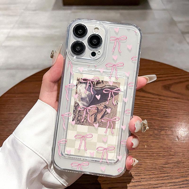 Transparent Card Slot Bag Holder Wallet Case For iPhone 16 15 14 Pro Max 13 12 11 XS X XR 7 8 Plus SE 2022 With Bow Print Cover