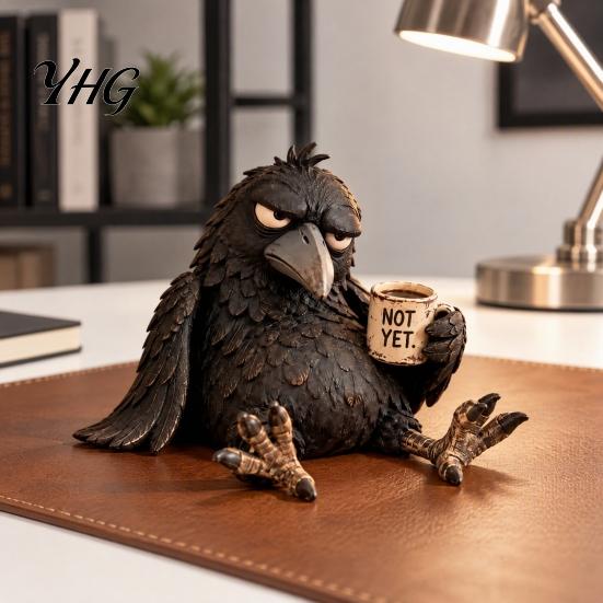 Funny Coffee Cup Raven Figurine with Mug, Resin Crow Statue, Realistic Animal Sophisticated Desk Accessory Ornament for Home Decor, Creative