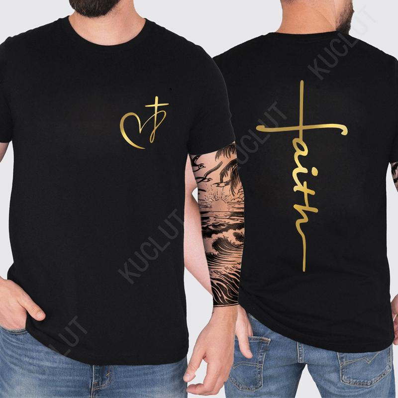 Heart Cross Print Christian T-shirt for Men Clothes Jesus Faith Male T-shirts Summer Plus Size Tee Shirt Oversized Clothing Tops