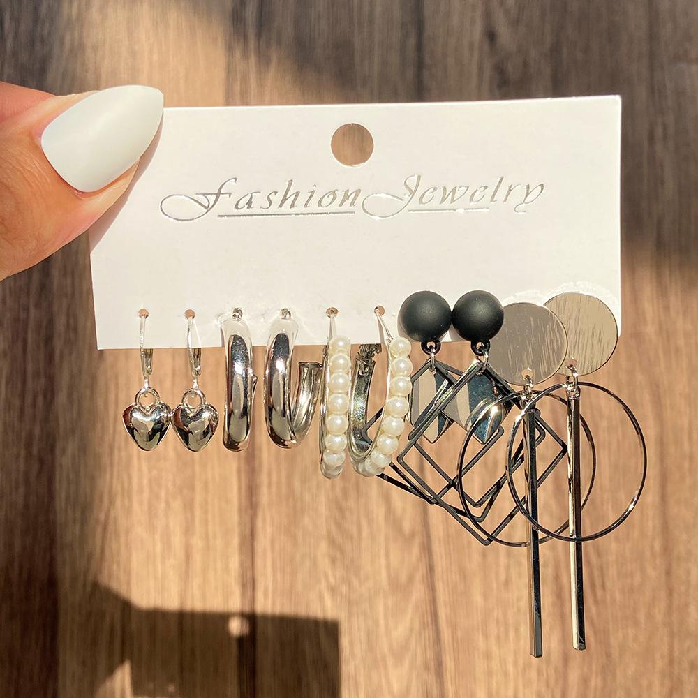 New ins bow fishtail pearl moon stud earrings with diamonds fashion temperament geometric earrings set