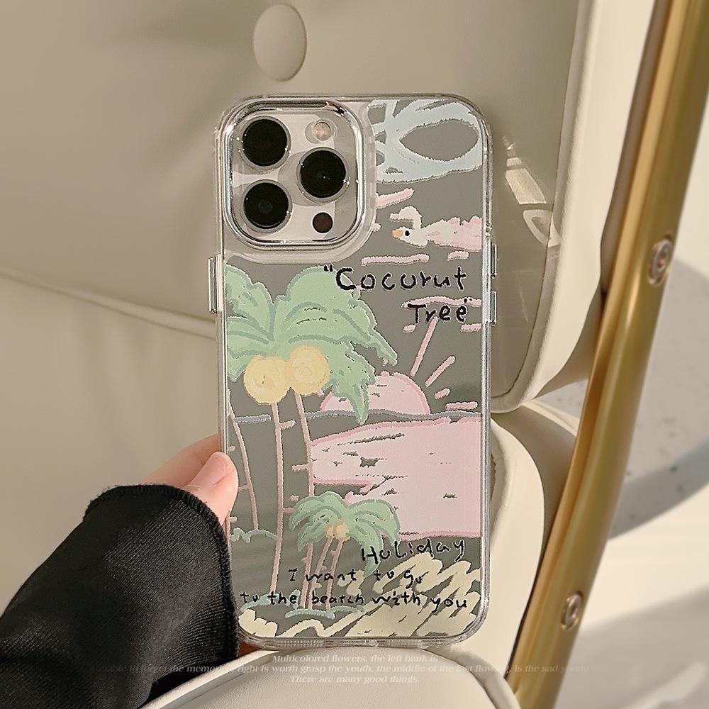 Summer Coconut Tree 14pro Max Suitable for IPhone16 IPhone Case 11 Makeup Mirror 12 Advanced 15 Niche
