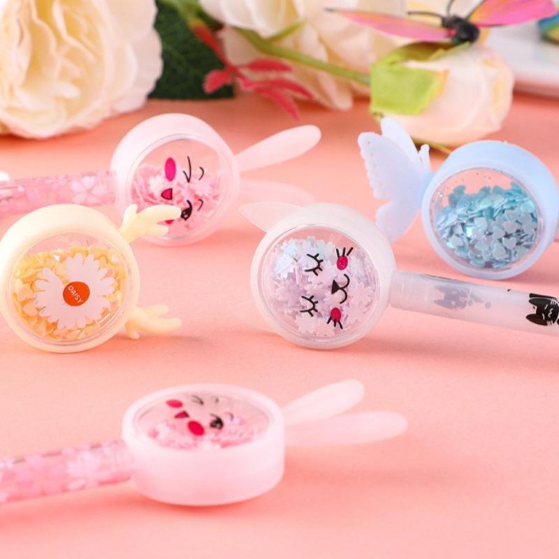 3Pcs Kawaii Butterfly Bunny Kitten Moon Sequin Neutral Pen Cute Cartoon Pen Black Ink Student Office School Stationery
