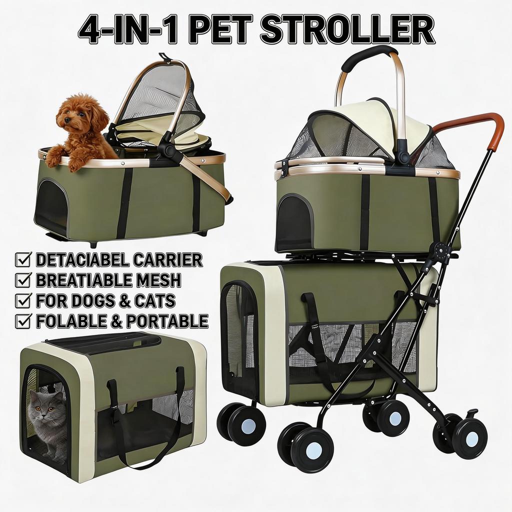 Double Pet Stroller For Dogs Cats Foldable Travel Carriage Detachable Carriers Safety Belts 4 Lockable Wheels Heavy Duty Load