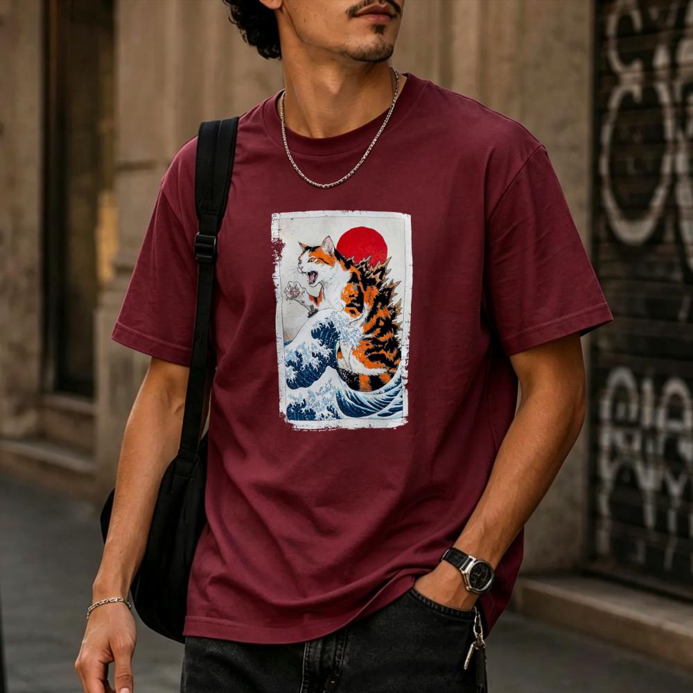 Vintage The Great Wave Off Kanagawa Tiger Striped Cat Retro Japanese Ukiyo-e Art Print Men Cotton T Shirt Distressed Frame Tops