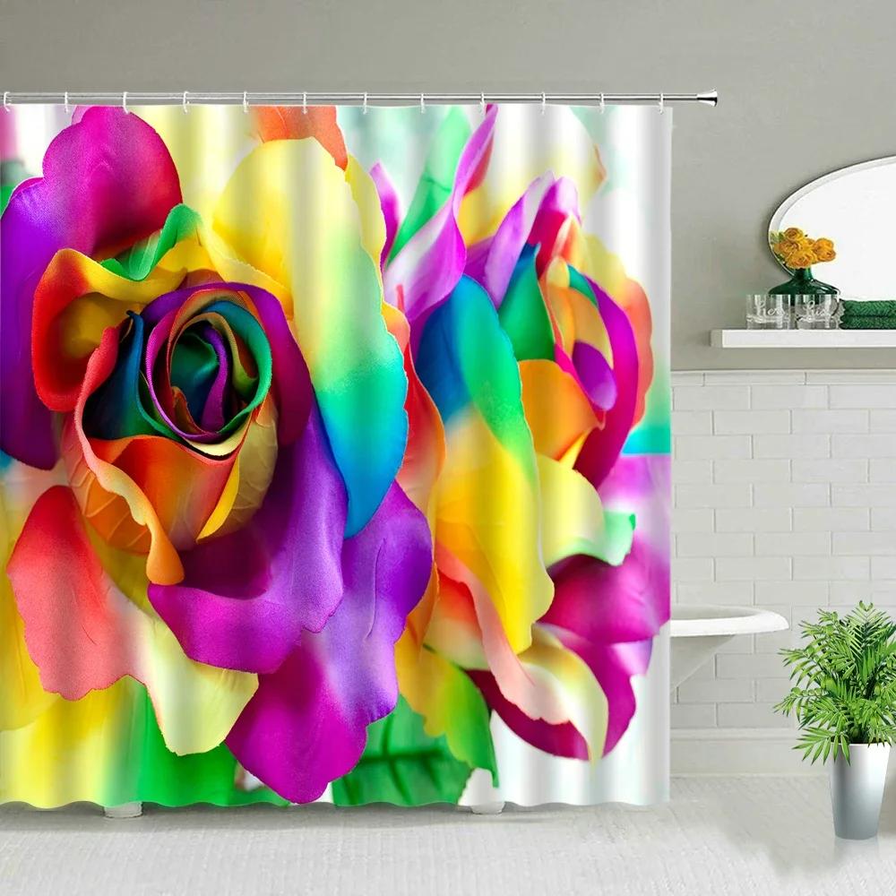 Romantic Rose Shower Curtain Set - Vibrant Red & Purple Floral Designs for Elegant Bathroom Décor, Waterproof & Easy Care