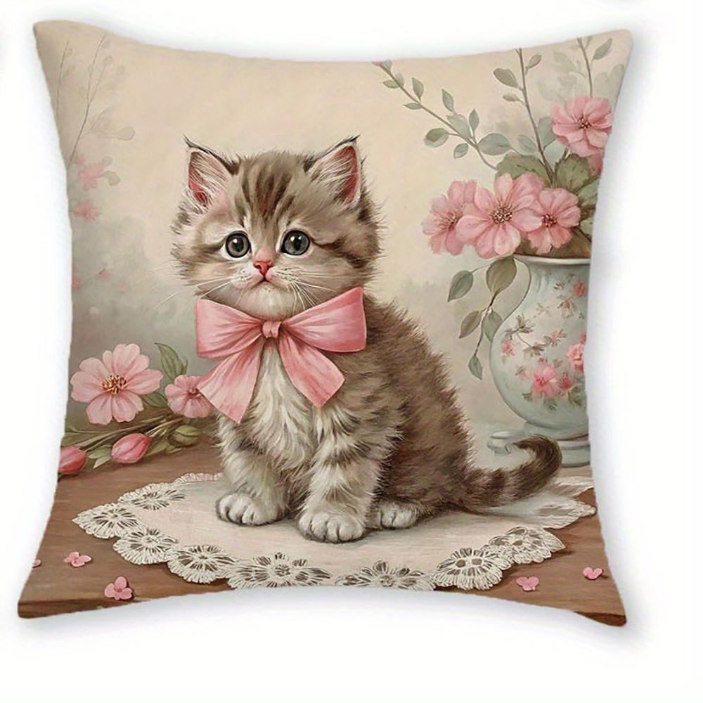 Entzückende Kätzchen-bedruckte Kissenbezüge mit rosa Schleifen und floralen Mustern Sofakissenbezug Heimzimmerdekoration 2D-Flachdruck