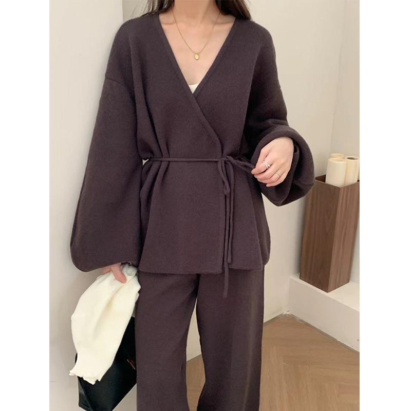 Autumn and Winter V-neck Lazy Wind Set Sweater Women's New Casual Wide-leg Pants Lace-up Knitted Cardigan Two-piece Set