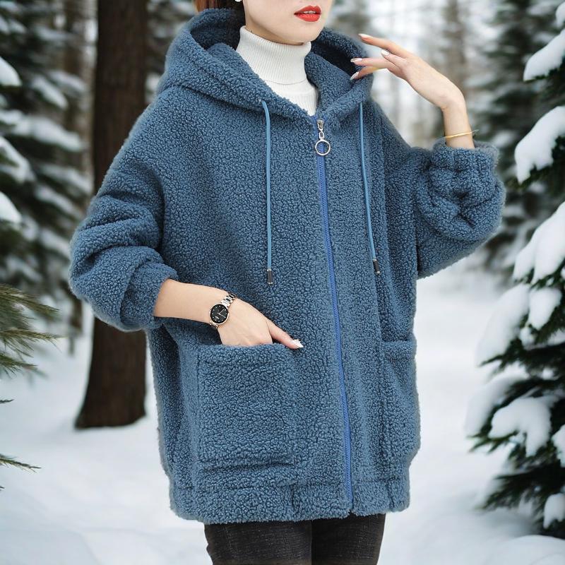 Lamb fleece hoodie for women with thickened fleece, loose autumn and winter Korean zipper cardigan, teddy fleece