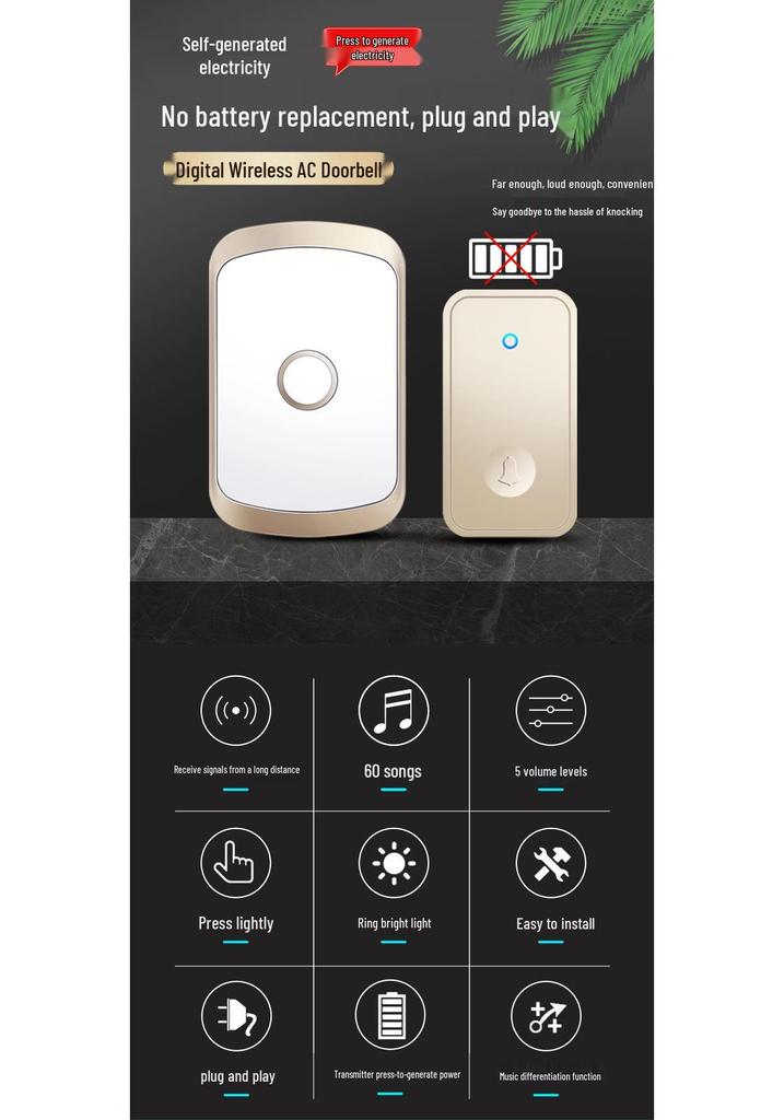 Wireless Self-Powered Doorbell with Remote Chime and Elderly Button, Three-in-One Design for Long-Distance Use
