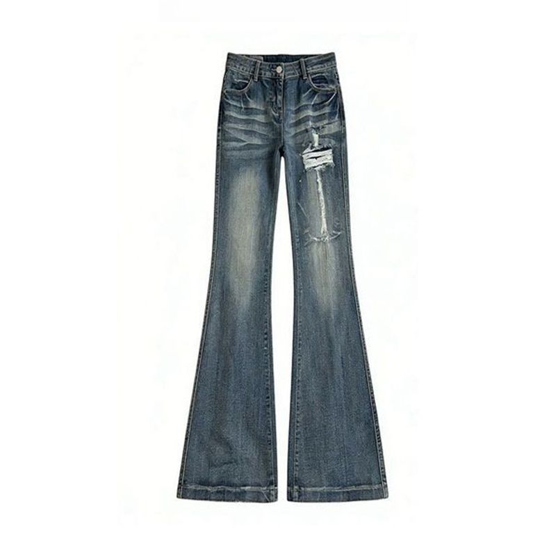 American crease worn design micro-pull jeans women's autumn new elastic slim slim and thin extended flared pants