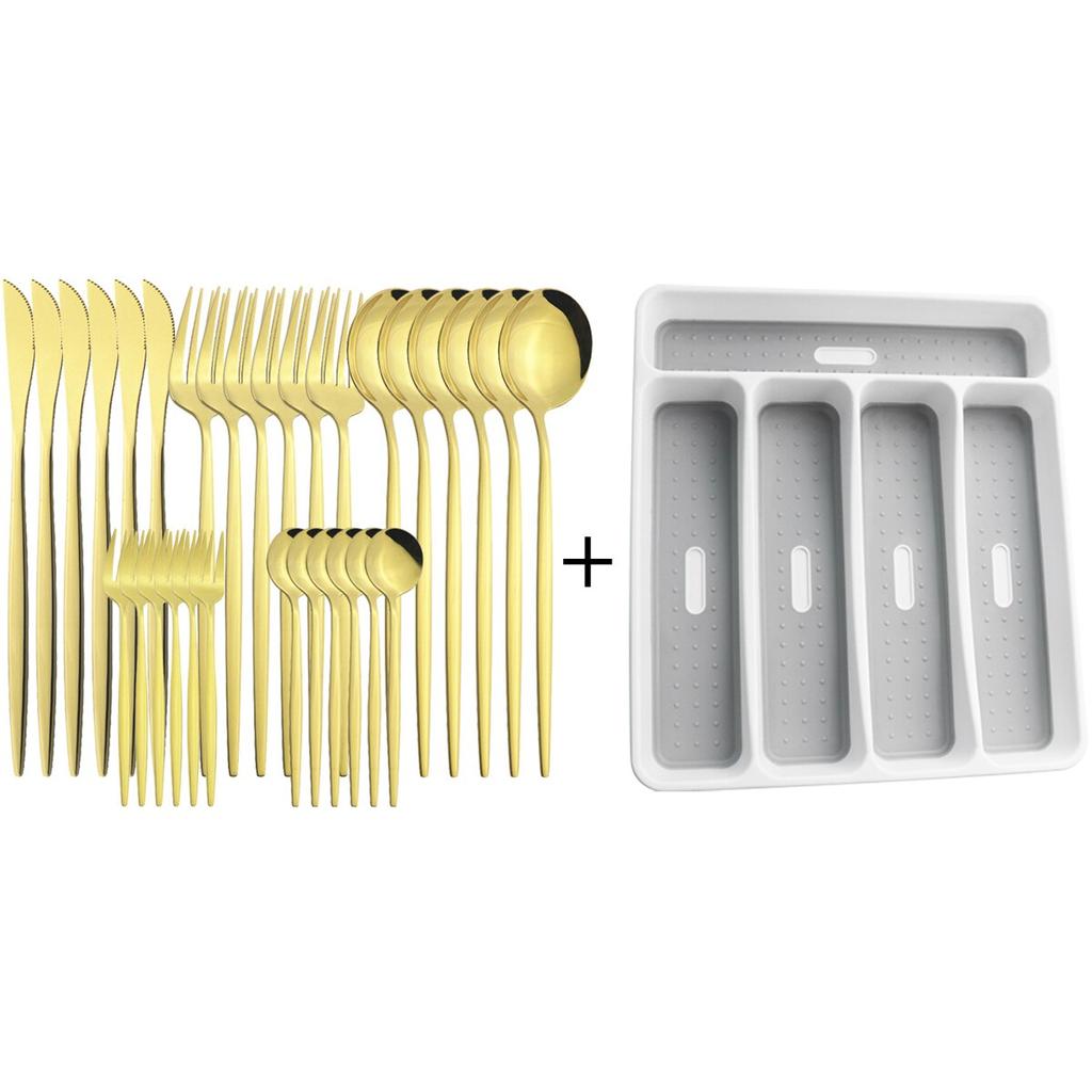 30pcs Gold Dinnerware Set Stainless Steel Tableware Set Knife Cake Fork Spoons Cutlery Set Plastic Storage Tray Kitchen Flatware
