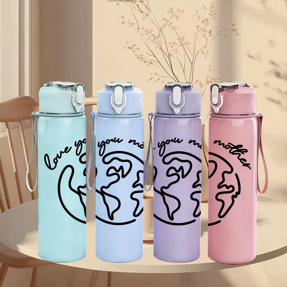 1PC World Globe Love Outline 750ml Color Plastic Sports Water Bottle Leakproof Flip Straw Lid Suitable for Sports Office Home Use