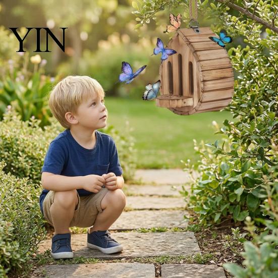 Butterfly Feeder Wooden House And Feeder, Outside Hanging Shelter, Teardrop Shaped for Garden Decoration Pollinator Habitat Friendly