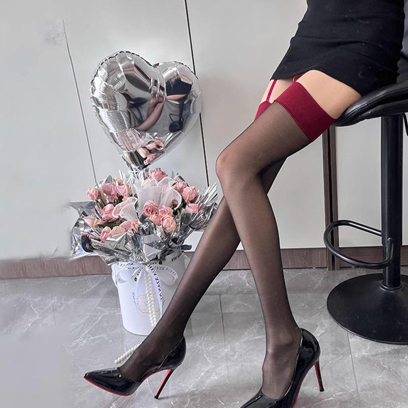 Sexy Jk Hot Girl Red-edged Over-the-knee Black Stockings for Women, Thin Style for Spring and Summer, Popular Online, Pure and Alluring, with