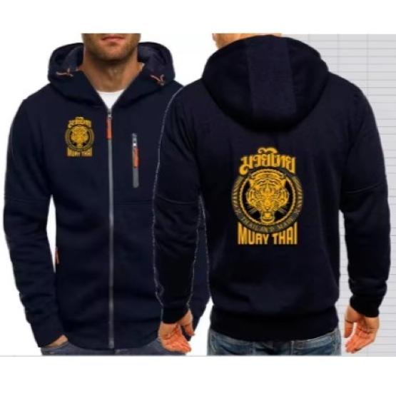 Tiger Muay Thai Kickboxing Boxing MMA UFC Jacket Hood Sweatshirt Long Sleeve Unisex Men Women Zip Gym Fitness Workout Print Training