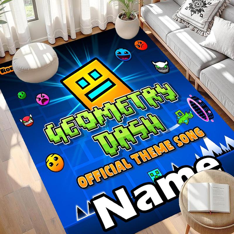 Custom Name Personalized Geometry Dash Print Carpet, Versatile Home Decor Rug, for Playroom, Apartment, Balcony, Entryway, Hallway Gift