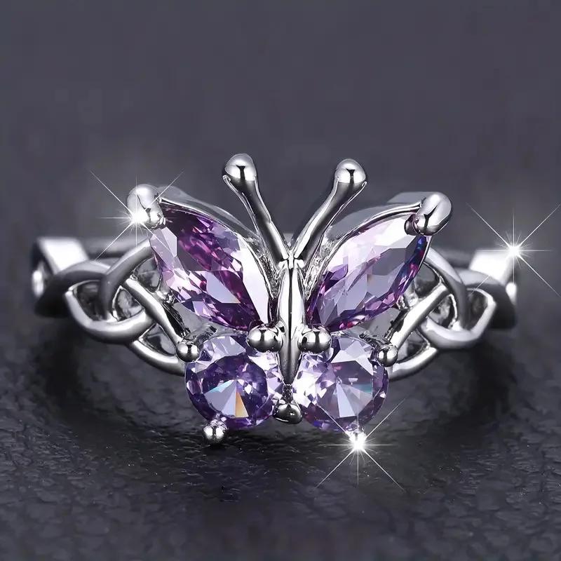 2025 New Purple Cubic Zirconia Ring with Sparkling Square Crystal, High End Women's Personalized Fashion Cocktail Party Zircon