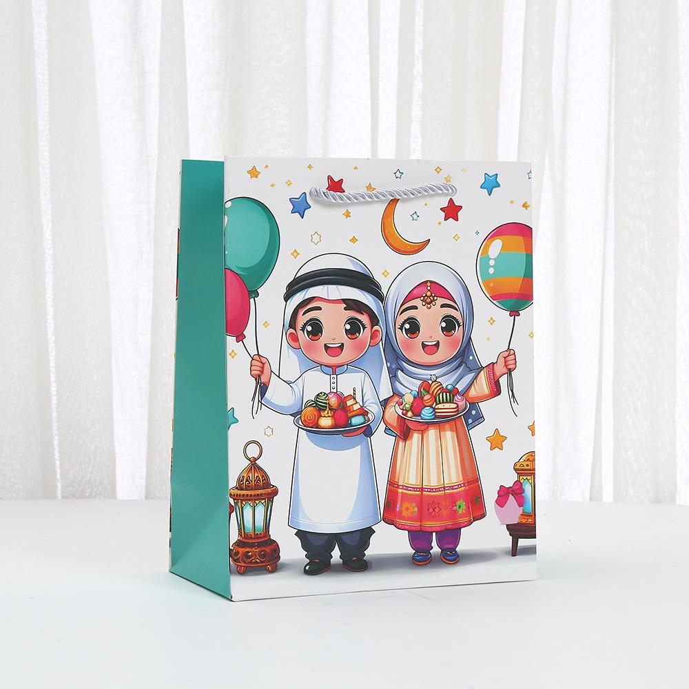 12pcs Ramadan Kareem gift bags Islamic kids cartoon paper bags for Eid treats and candy party packaging