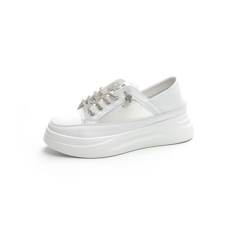 

Дышащая сетка белые туфли женские летние на толстой подошве-маффин увеличивающие рост повседневные одинарные туфли шнурки со стразами модные кеды 40 белый