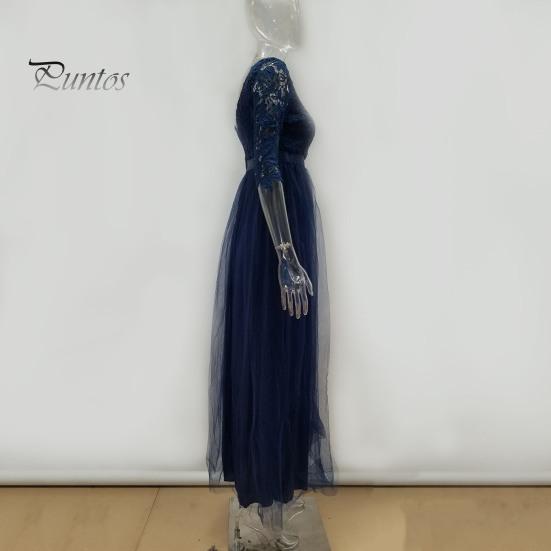 Autumn Evening Dress Women Prom Party Round Neck Lace Flower Embroidery Half Sleeve Tight Winter Gown Waist Patchwork Floor Length Pleated Lady