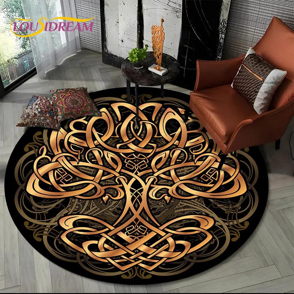 Viking Valknut Yggdrasil Tree of Life Round Area Rug,Carpet Rug for Living Room Bedroom Sofa Playroom Decor,Non-slip Floor Mat