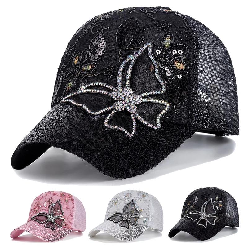 Bonés de Rede de Basebol com Renda de Borboleta e Glitter Unissexo para Primavera e Verão Chapéus Casuais Ajustáveis para Exterior Chapéu de Proteção Solar