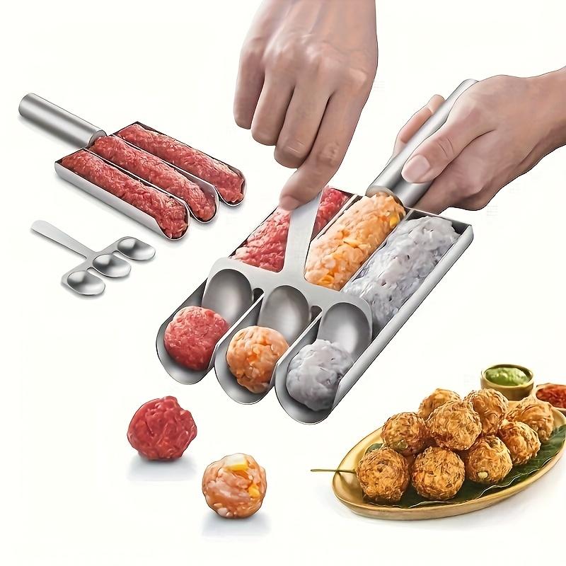 Stainless steel triple meatball maker, non-stick and food-safe. Manual operation, effortless meatball shaping for home and RV kitchens.