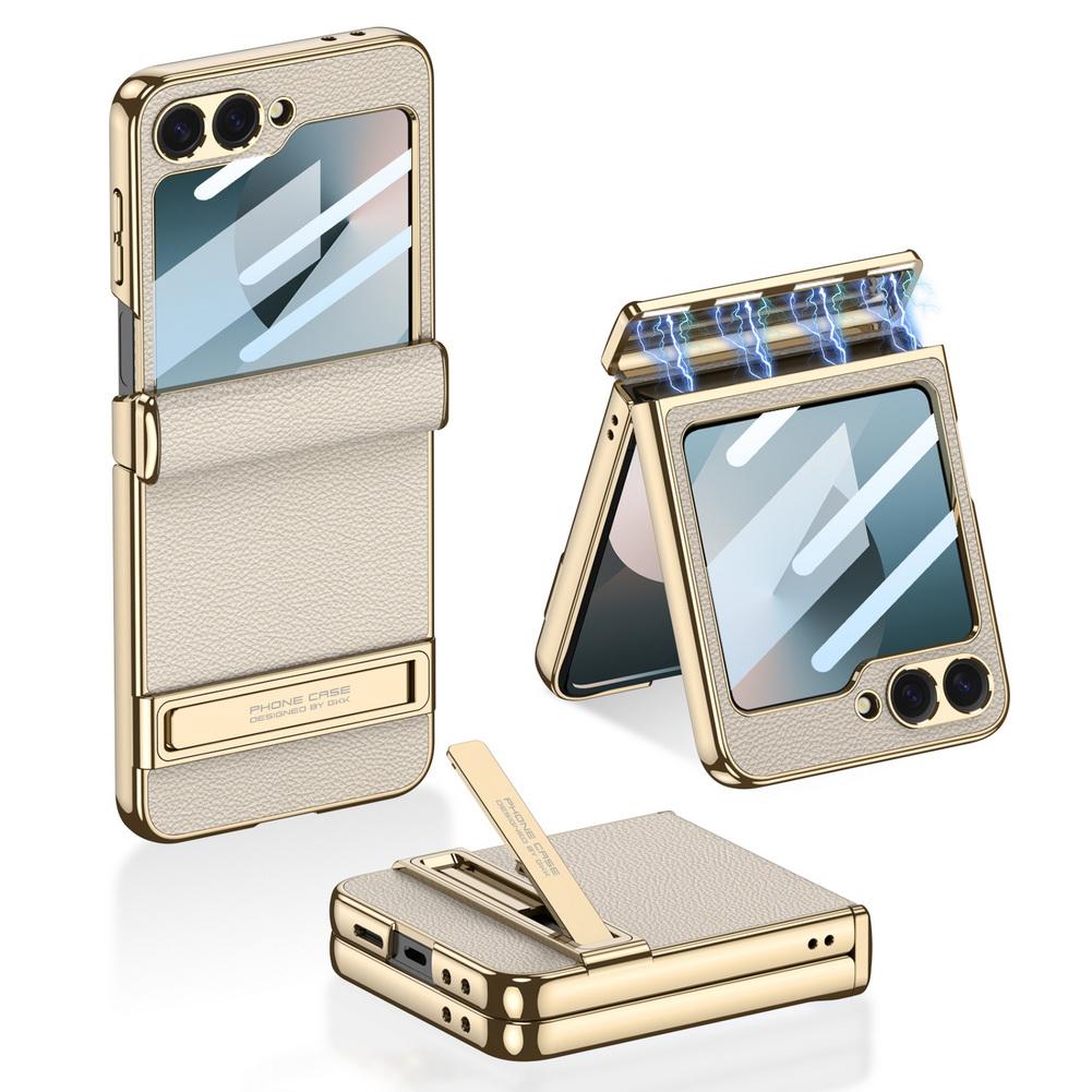 

Plain Leather Plating Frame Bracket Holder Glass Protective Film Case for Samsung Z Flip 7 FE Galaxy Z Flip 6 5 Protect Cover Galaxy Z Flip7 FE