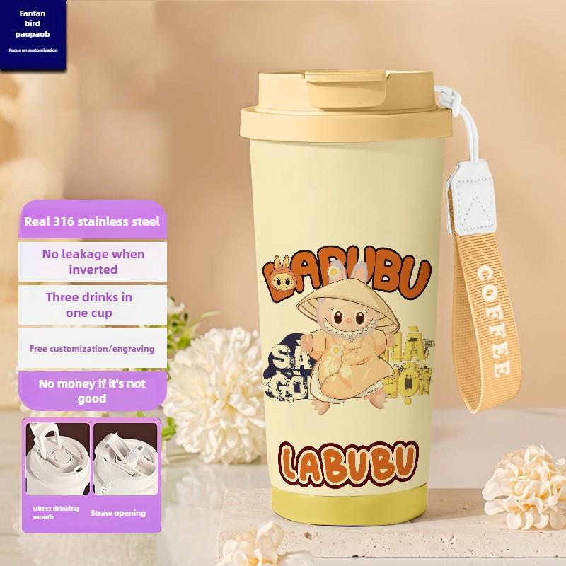 Tecknad Rostfri Stålkopp Högvärdig Termosmugg 3D Dubbel Drickstrå Kaffekopp