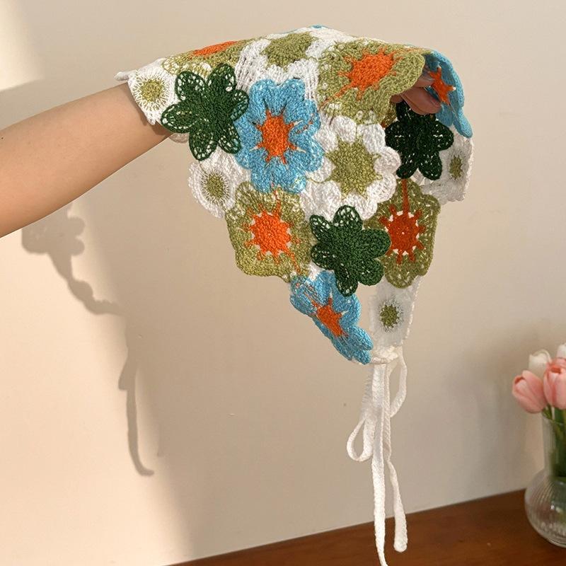 Knitted Crochet Headscarf French Pastoral Triangle Headband Handmade Soft Hair Wrapper for Beach Picnic Holiday Boho Fashion