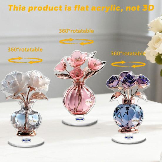 2D Flat Flower Ornament, 360-Degree Rotating Vase Acrylic Ornament with Base, Flower Vase Tabletop Decoration for Home Desk Shelf Decor