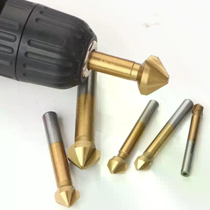 High-Speed Steel 6-Piece Set 3-Flute 90-Degree Angle Drill Bit Countersink Tool for Wood and Metal Deburring