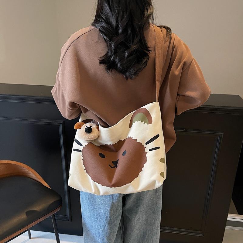 Canvas Bag Women's Large-capacity New Summer Casual Shoulder Bag Cartoon College Student Class Tote Bag