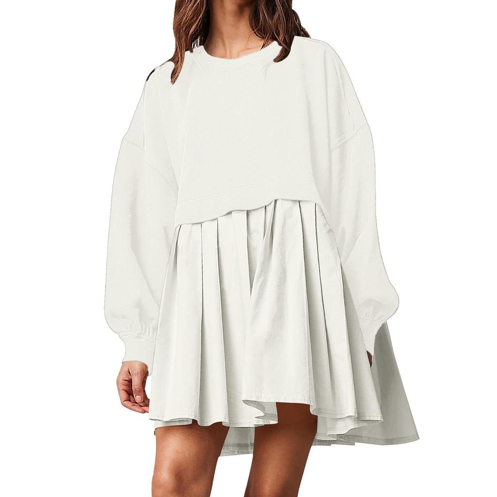 Women's Solid Color Patchwork Pleated Hoodie Dress - Autumn/Winter 2026 Collection