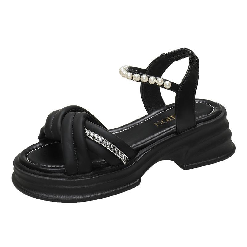 Platform Sports Sandals Women's New Summer Rhinestone One-word Buckle with Muffin Beach Sandals Women's Skirt