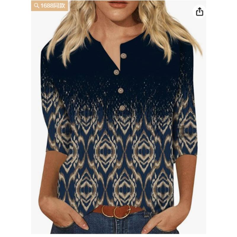 Button V-neck 3D Printed Top Fashionable Casual Long Sleeved Women's T-shirts