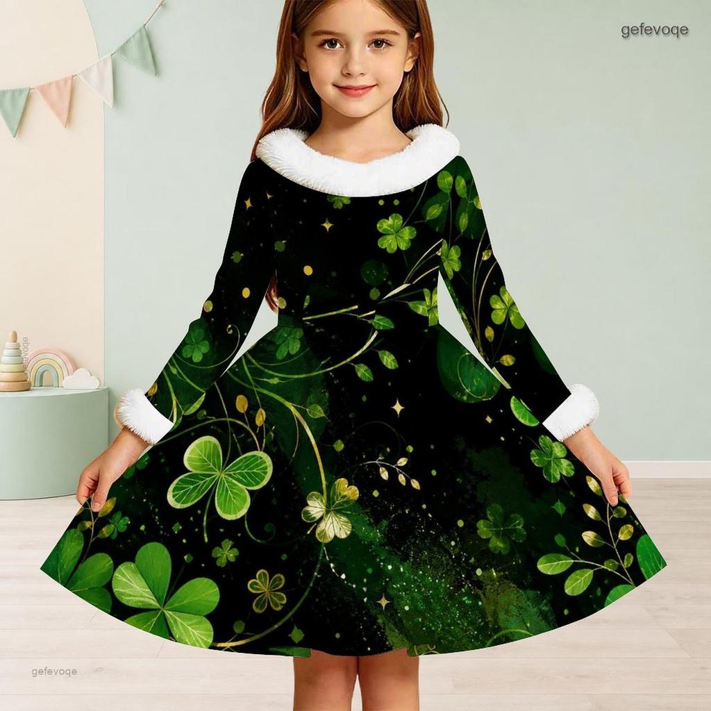Girls Furry Collar Long Sleeve Dark Blue Snowflake Printed A Line Dress With Big Bow