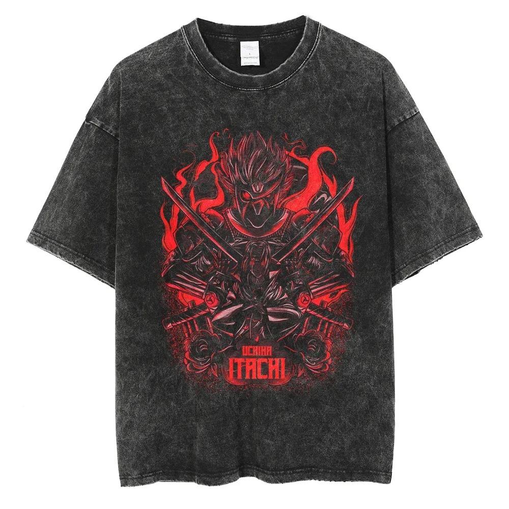 Anime Naruto Print T-Shirt Washed Oversized Tee Summer Short Sleeve Cotton Men Women Streetwear Vintage Black Washed T Shirt Harajuku Tops