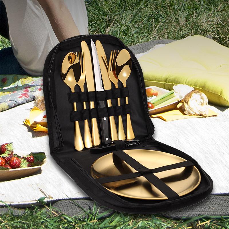 Camping stainless steel cutlery set, portable tableware for outdoor trips