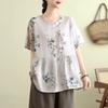 Women's Floral Print Linen Blouse Casual Loose Short Sleeve Summer Top