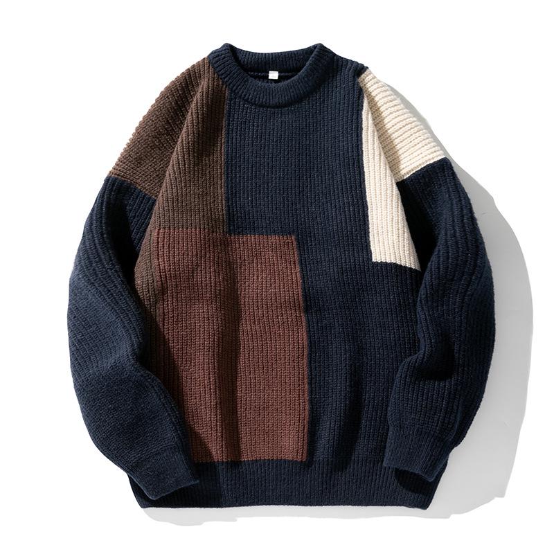 

Unisex Color Block Striped Sweater - Japanese Style, Heavy Knit for Fall/Winter M темно-синього кольору
