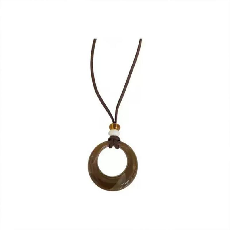 Vintage Ethnic Style Brown Hollow Geometric Circle Long Pendant Necklace For Women